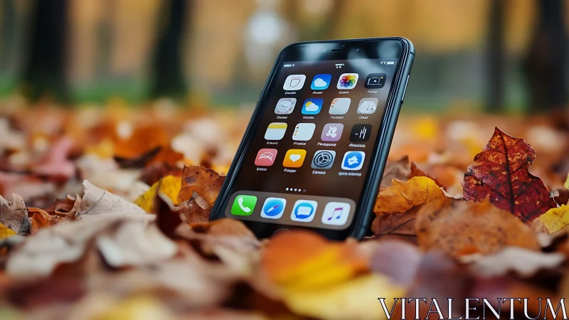 Smartphone with iOS interface positioned in autumn foliage scene displaying application icons