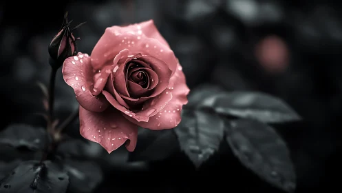 Close-up of pink rose with water droplets on petals.
