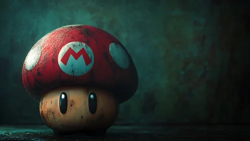 Red cartoon mushroom figure with worn surface in shadowed room.