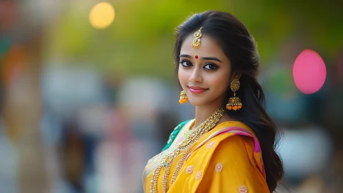 Optically vivid portrait of adorned woman in festive sari.
