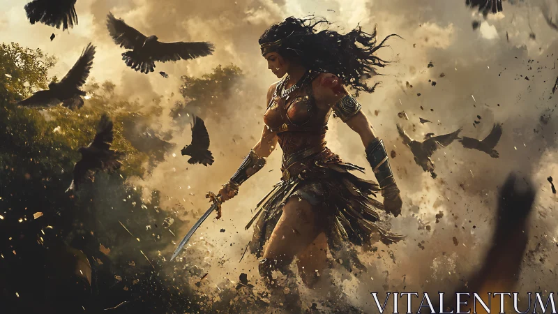 Warrior queen advances through smoke and crows in battle fury
