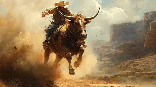 Cowboy rides raging bull through sunlit desert canyon dust