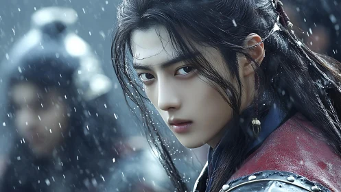 Storm-eyed young warrior pausing under silver winter rain.