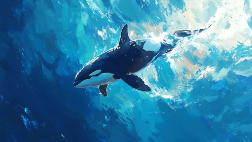 Orca glides through turbulent blue waves in vivid motion.