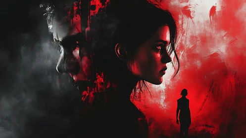 Dual portraits in red noir with fractured silhouettes.