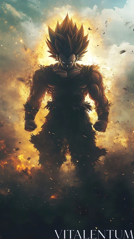 Storm-lit warrior strides from an inferno of shattered sky