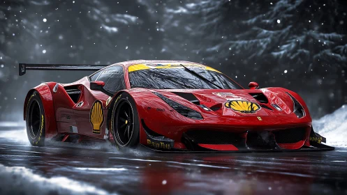 Red GT race car powers through wet snowy forest circuit
