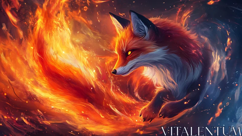 Pyrokinetic vulpine entity in turbulent inferno&ndash;aerodynamic arc.