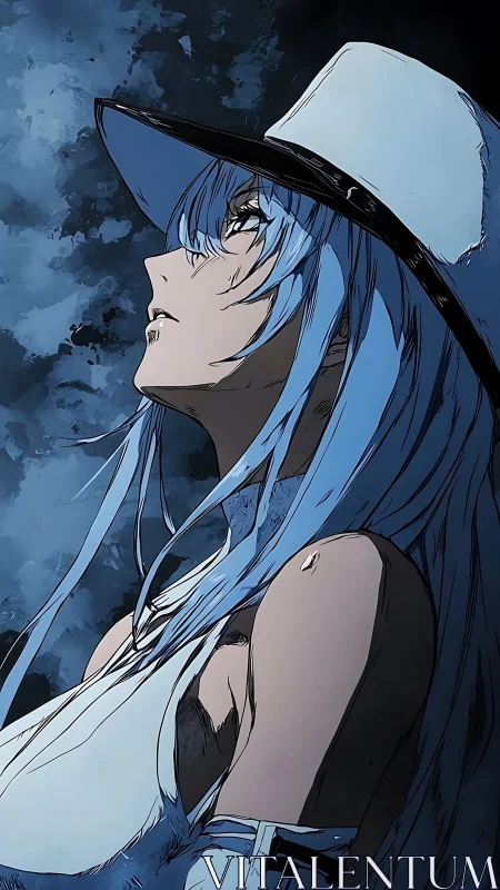 Blue haired anime figure in profile beneath wide white hat