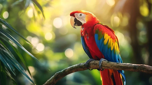 Vibrant Scarlet Macaw on Jungle Branch, Sunlit Nature Scene.