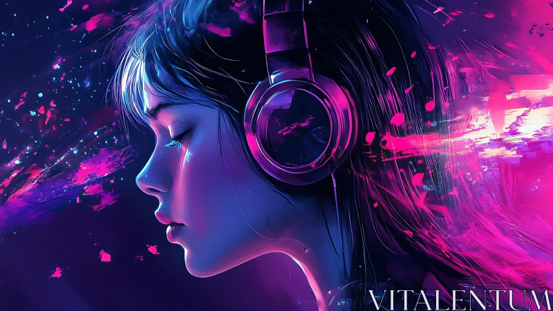 Neon digital portrait of girl in headphones and motion light.