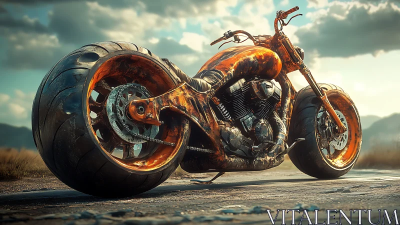 Rust-burnished custom chopper under dramatic desert sky.