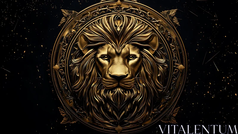 Regal golden lion emblem radiates intricate sculpted power