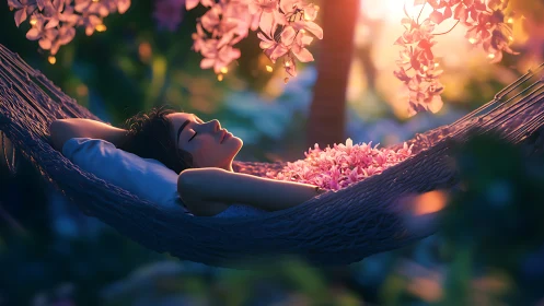 Woman lying in hammock under flowering tree at sunset.