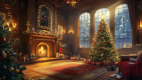 Grand Christmas parlor glows with firelit festive warmth.