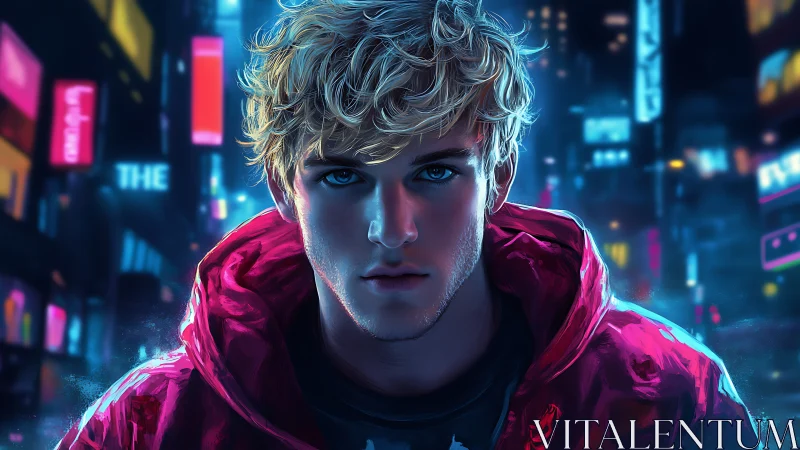 Neon-lit blond male portrait in saturated cyber street glow.