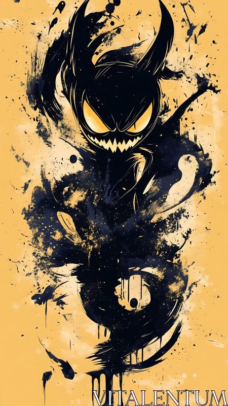 Sinister ink demon emerges in chaotic golden splatter.