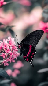 Black butterfly rests on pink blossoms in soft bokeh garden