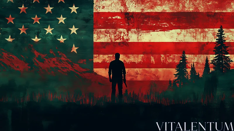 Silhouetted armed figure over distressed US flag and rugged terrain
