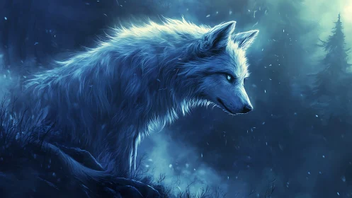 Luminous spectral wolf in bioluminescent nocturnal forest.