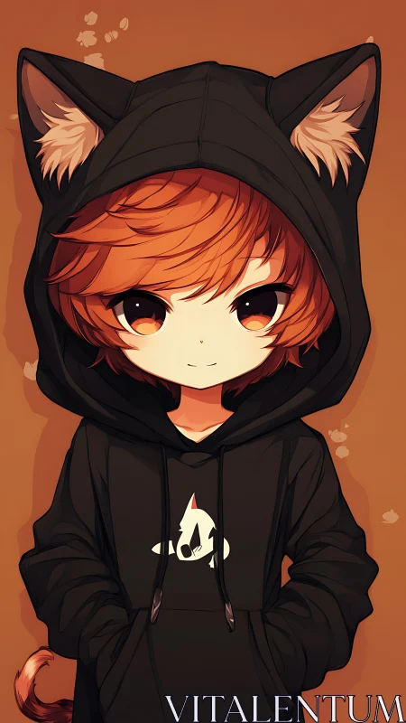 Hooded character with animal ears stands against flat backdrop