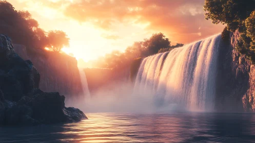 Sunlit digital waterfall with mist over calm river.