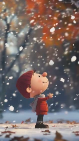 Child in red winter coat delighting in first snowfall.