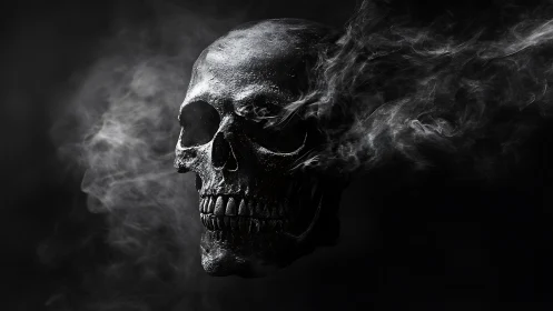 Dark skull wreathed in drifting smoke against black void.
