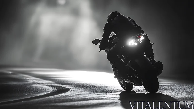 Motorcyclist rides sport bike through dark, backlit curve