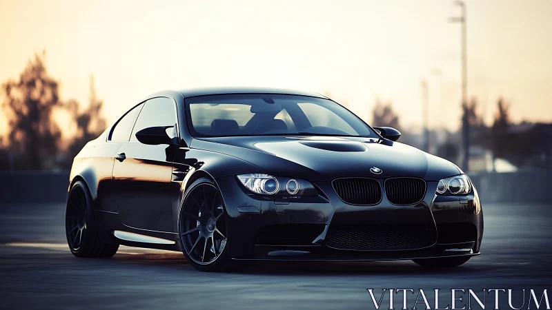 Sleek black BMW coupe glows under warm sunset light.