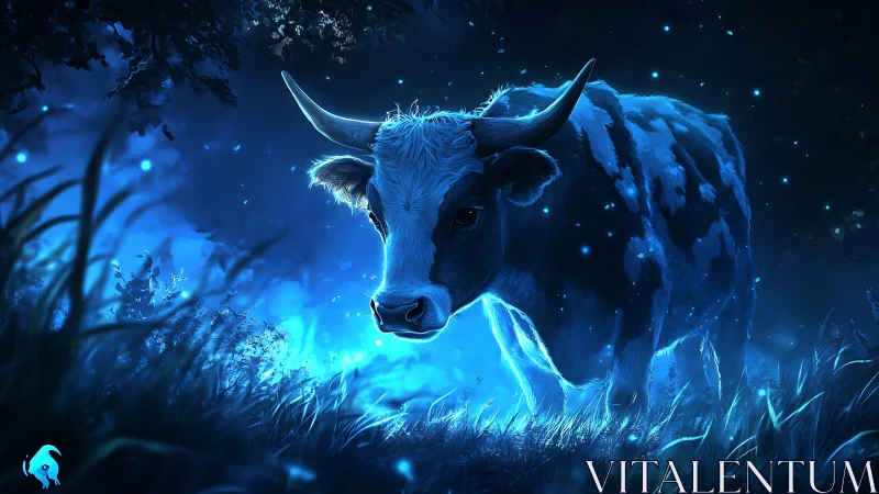 Cow stands in glowing blue forest lit by bioluminescent light
