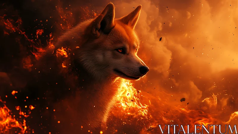 Fiery fox portrait emerges through swirling inferno glow