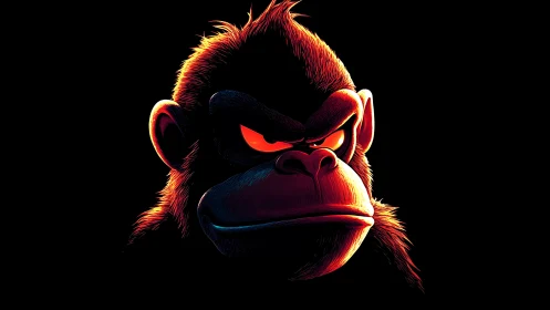 Neon-edged gorilla portrait renders intense chiaroscuro lighting