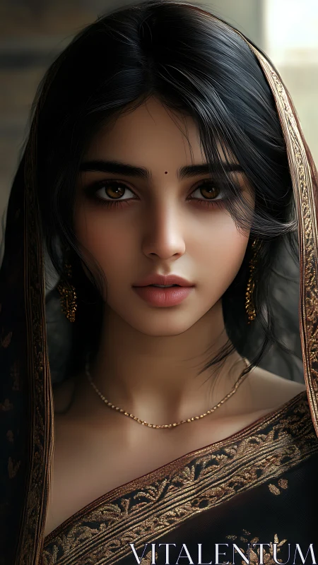 Portrait of Indian woman in ornate embroidered sari. Period.