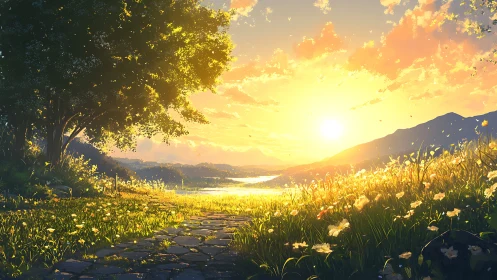 Golden valley sunrise over riverside meadow path illustration.