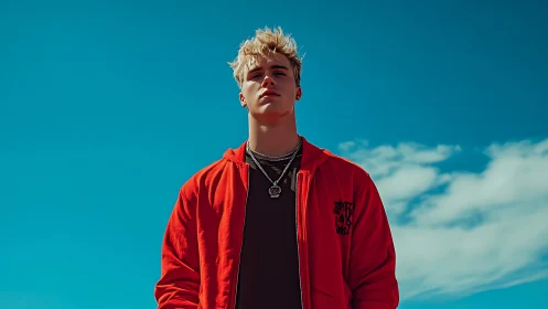 Young man in red jacket under vivid blue sky portrait.