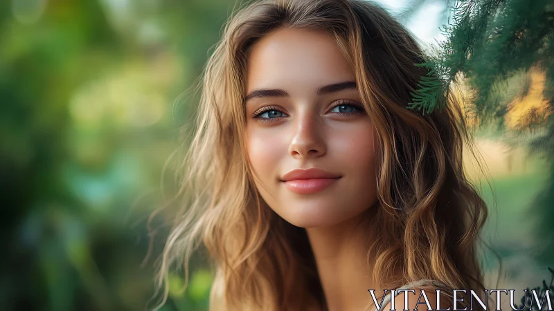 Softly lit portrait of a smiling woman in lush greenery