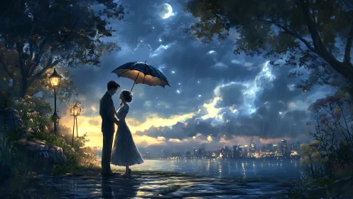 Nocturnal Embrace: Luminescent Cityscape with Umbrella-Sheltered Silhouettes.