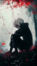 Solitary white haired figure crouched amid abstract red foliage