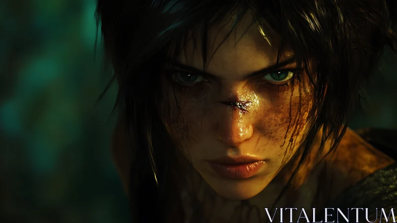 Battle-scarred heroine in intense cinematic close-up portrait.