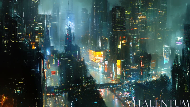 Dense neon-lit megacity skyline rendered in atmospheric cyberpunk haze