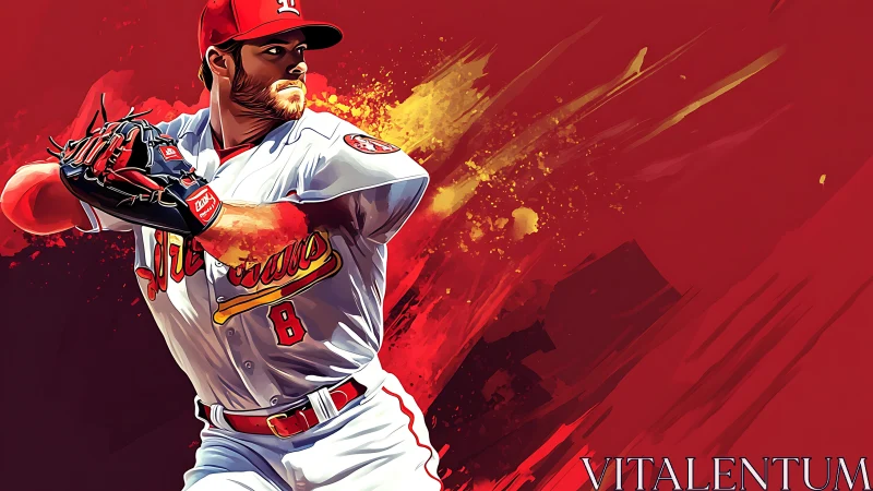 Baseball pitcher winds up amid explosive red energy streaks.