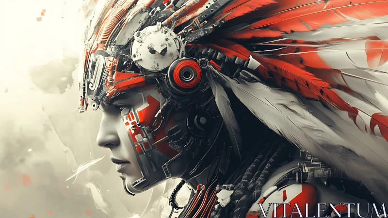 Cybernetic profile portrait merges mech plating with feathered headdress
