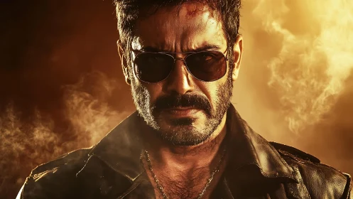 Intense bearded man in sunglasses against smoky light background.