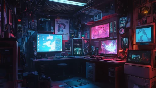Cozy neon hacker&rsquo;s den glowing with futuristic computer screens.