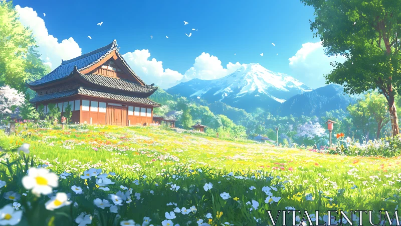 Serene mountain temple overlooks a sunlit spring meadow.