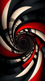 Spiral tunnel of red, black, and white curved bands rotates inward