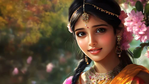 Blossom crowned maiden smiling in jeweled spring light.