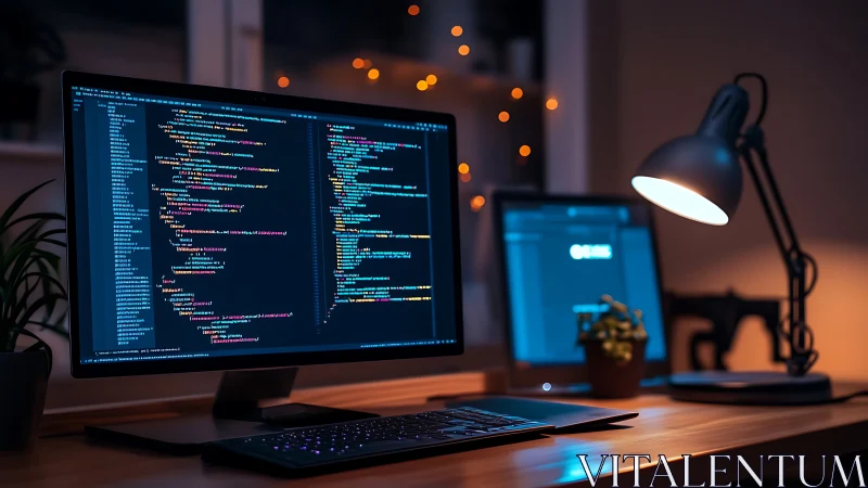 Dual-monitor coding workstation under warm, low-key ambient lighting