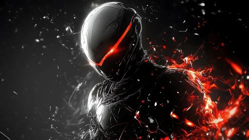 Cybernetic warrior silhouette with molten red energy burst.